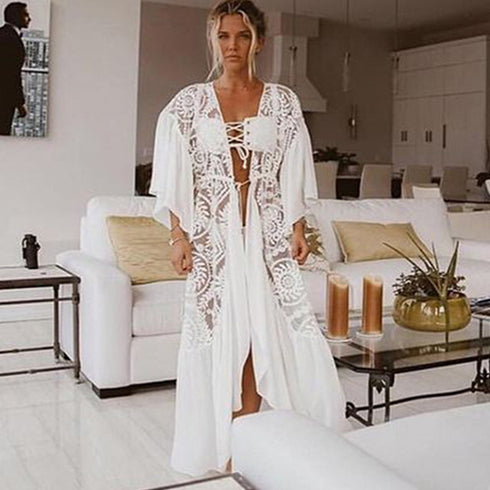 Women Crochet Beach Knitted Beach Cover Up Dress Tunic Long - ROUTINE FASHION